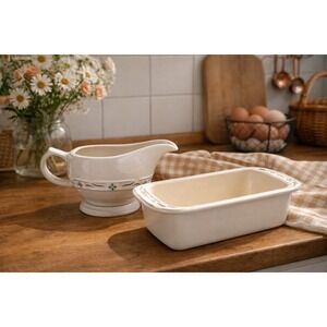 Vintage Longaberger Woven Traditions Classic Blue Gravy Boat & Loaf Baker Set